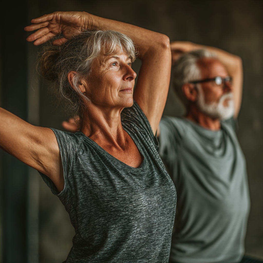 Група старших людей виконує вправи у парку